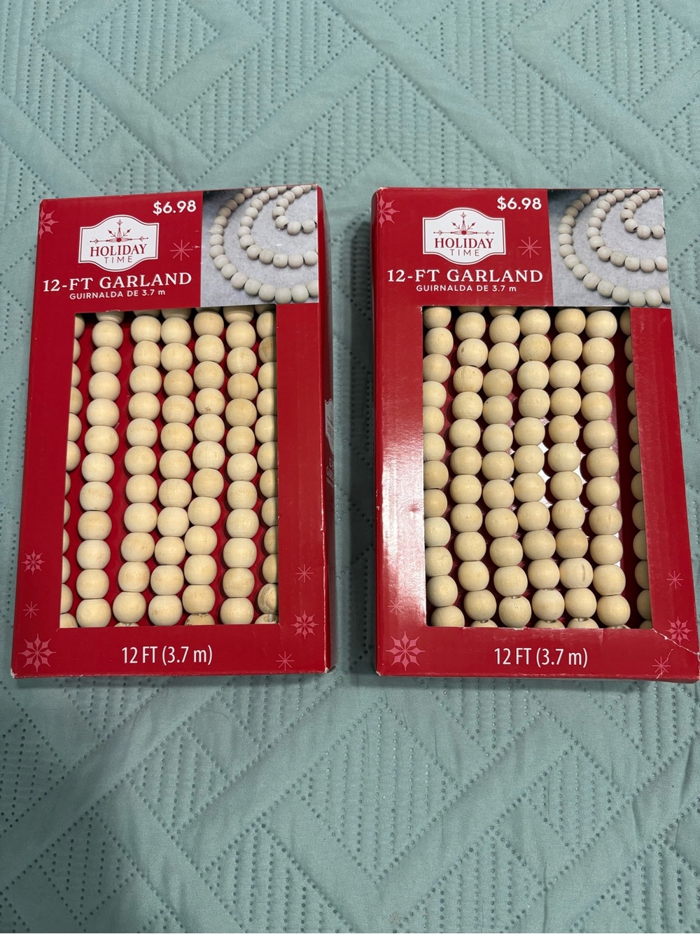 Holiday Time Lot of 2 Wood Bead Garland 12 ft Beige Wood Christmas Seasonal NWT